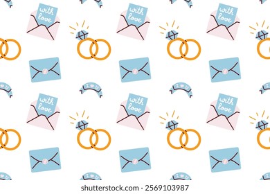 Wedding Rings and Love Letters Pattern with Romantic Elements