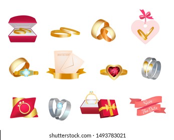 Wedding rings. Marriage bouquet invitation icon cake and suit bride love vector wedding symbols
