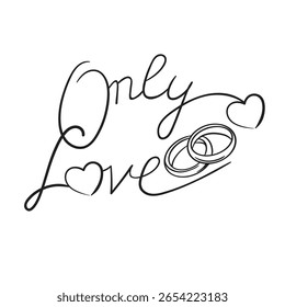 Wedding rings, marriage and lettering Olly Love. Black and white monochrome illustration, marriage, wedding invitations