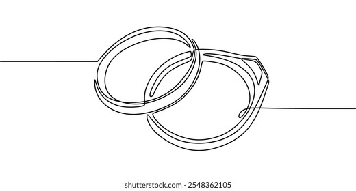 Wedding rings in a minimalist one line drawing, symbolizing love, marriage, and commitment. Simplified and elegant design.