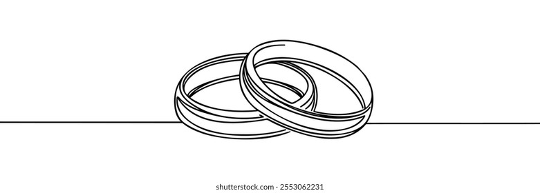 Wedding rings in a minimalist one line drawing, symbolizing love, marriage, and commitment. Simplified and elegant design.