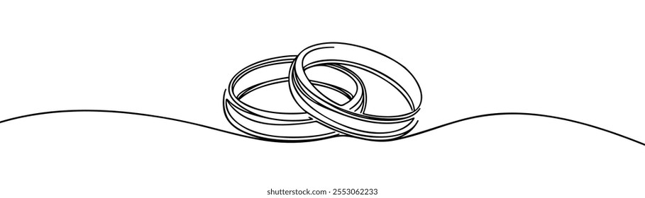 Wedding rings in a minimalist one line drawing, symbolizing love, marriage, and commitment. Simplified and elegant design.