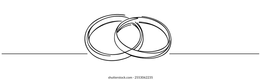 Wedding rings in a minimalist one line drawing, symbolizing love, marriage, and commitment. Simplified and elegant design.