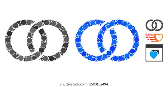 Wedding rings mosaic of small circles in various sizes and color tinges, based on wedding rings icon. Vector small circles are grouped into blue illustration.