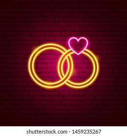 Wedding Rings Neon Sign. Vector Illustration of Love Promotion.