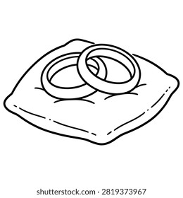 Wedding rings on a decorative pillow line art illustration with marriage ceremony engagement