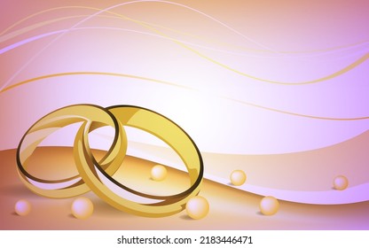 Wedding rings on golden rose color background with ornaments and pearls.