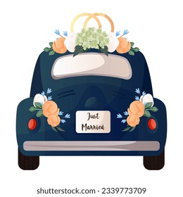 Wedding rings on retro car with flowers and sign board Just Married. Bride and groom getaway car. Wedding day accessories, decorations. Celebrate marriage, save the date ceremony. Vector