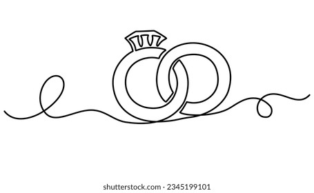 Wedding rings one continuous line drawing. Romantic elegance concept and symbol proposal engagement and love marriage invitation in simple linear style. Editable stroke. Vector illustration