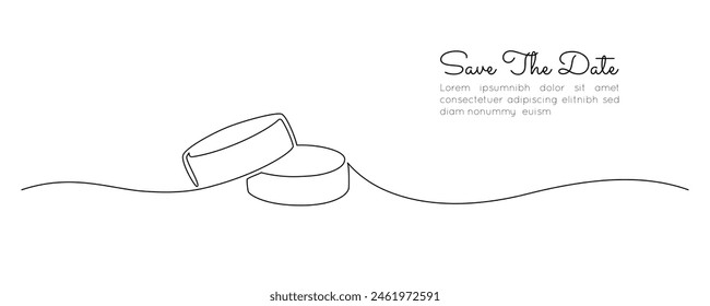 Wedding rings in one continuous line drawing. Love and romantic concept and symbol of proposal engagement for invitation in simple linear style. Editable stroke. Doodle contour vector illustration