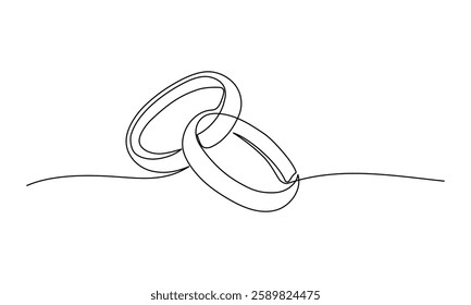 Wedding rings in one continuous line drawing. One line poster. Outline wedding rings. For interior design and presentations . Vector illustration.