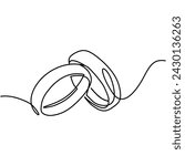 Wedding rings one line art drawing. Continuous hand drawn romantic. Engagement ring symbol of couple in love.