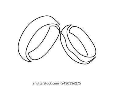 Wedding rings one line art drawing. Continuous hand drawn romantic. Engagement ring symbol of couple in love.