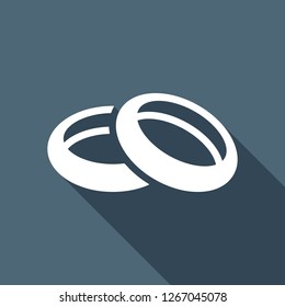 Wedding rings, pair circles, simple icon. White flat icon with long shadow on blue background