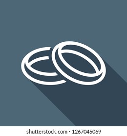 Wedding rings, pair crossed and linked circles, linear outline icon. White flat icon with long shadow on blue background