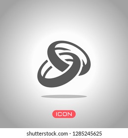 Wedding rings, pair crossed and linked circles, simple icon. Icon under spotlight. Gray background