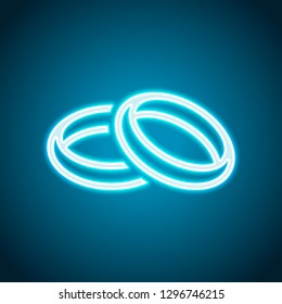 Wedding rings, pair crossed and linked circles, linear outline icon. Neon style. Light decoration icon. Bright electric symbol