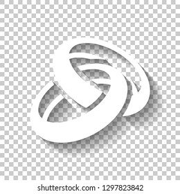 Wedding rings, pair crossed and linked circles, simple icon. White icon with shadow on transparent background