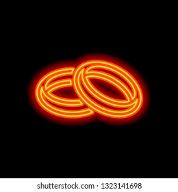 Wedding rings, pair crossed and linked circles, linear outline icon. Orange neon style on black background. Light icon