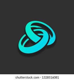 Wedding rings, pair crossed and linked circles, simple icon. Colorful logo concept with soft shadow on dark background. Icon color of azure ocean