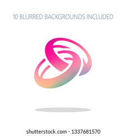 Wedding rings, pair crossed and linked circles, simple icon. Colorful logo concept with simple shadow on white. 10 different blurred backgrounds included