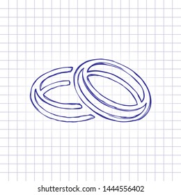 Wedding rings, pair crossed and linked circles, linear outline icon. Hand drawn picture on paper sheet. Blue ink, outline sketch style. Doodle on checkered background
