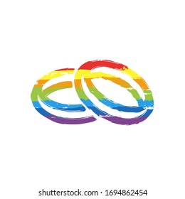 Anillos de bodas, par de círculos cruzados y enlazados, icono de contorno lineal. Signo de dibujo con estilo LGBT, siete colores arcoiris (rojo, naranja, amarillo, verde, azul, índigo, violeta)