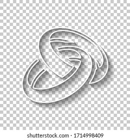 Wedding rings, pair crossed and linked circles, simple icon. White outline sign with shadow on transparent background