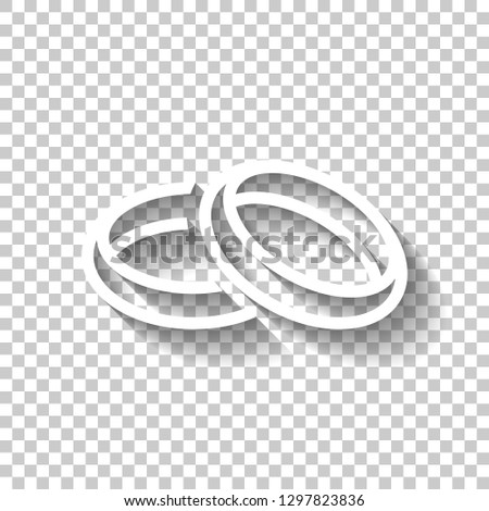 Wedding rings, pair crossed and linked circles, linear outline icon. White icon with shadow on transparent background