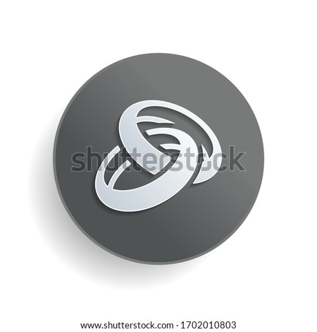 Wedding rings, pair crossed and linked circles, simple icon. White paper symbol on gray round button or badge with shadow