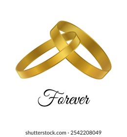 Wedding rings pair in gold gradients colors with outline. Lettering forever. Love symbol. Isolated on white background. Wedding symbols. Wedding clip art elements.