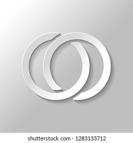 Wedding rings, pair linked circles, simple icon. Paper style with shadow on gray background
