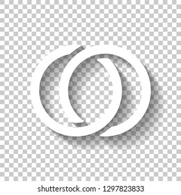 Wedding rings, pair linked circles, simple icon. White icon with shadow on transparent background