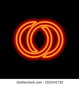 Wedding rings, pair linked circles, simple icon. Orange neon style on black background. Light icon