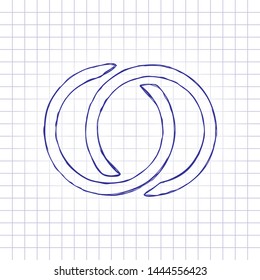 Wedding rings, pair linked circles, simple icon. Hand drawn picture on paper sheet. Blue ink, outline sketch style. Doodle on checkered background