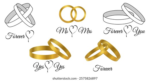 Wedding rings pair set in white and gray colors, gold gradient. Lettering forever love you, Mrs and Ms, hand drawn hearts. Isolated on white background. Wedding symbols. Wedding clip art elements.