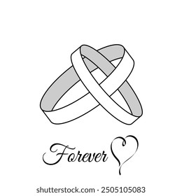 Wedding rings pair in white and gray colors with outline. Lettering forever with hand drawn heart. Isolated on white background. Wedding symbols. Wedding clip art elements.