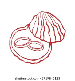 Wedding rings in a pearl shell doodle, whimsical wedding rings. Vector outline illustration in red