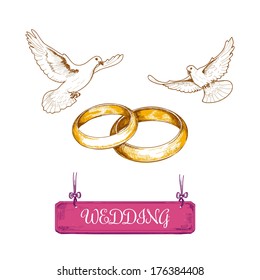 Wedding rings and pigeons. Hand drawn illustration