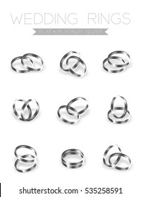 Wedding rings platinum silver flat style compose design illustration 3d set and shadow isolated on white background, vector eps10