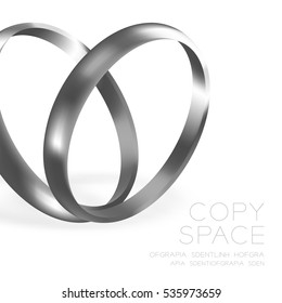 Wedding rings platinum silver half round style compose heart shape design illustration 3d set and shadow isolated on white background, with copy space, vector eps10
