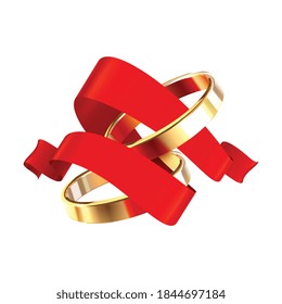 Anillos de bodas composición realista de grandes conjuntos con cinta roja festiva volando a través de anillos dorados ilustración vectorial