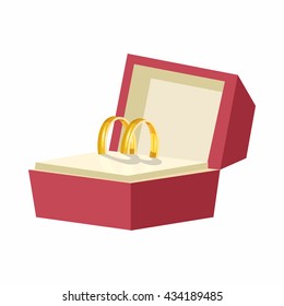 Wedding rings in a red box icon, cartoon style