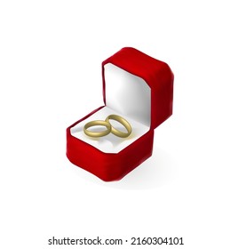 Anillos de casamiento en una caja roja, ilustración 3d vectorial realista aislada en fondo blanco. Símbolo de compromiso, boda, matrimonio.