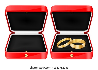 Wedding rings in a red jewelry box. Vector 3d illustration isolated on white background