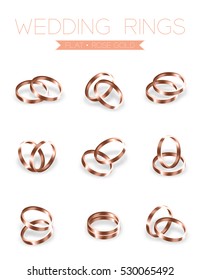 Wedding rings rose gold flat style compose design illustration 3d set and shadow isolated on white background, vector eps10