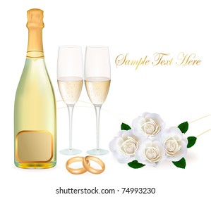 Wedding rings, roses bouquet and champagne. Vector illustration.