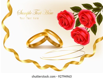 wedding rings and roses bouquet. Vector illustration.