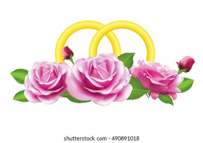 Wedding rings with roses. Vector illustration isolated on white background.