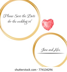 Wedding Rings. Save The Date Invitation Card. Vector Illustration Isolated On White Background With Lettering